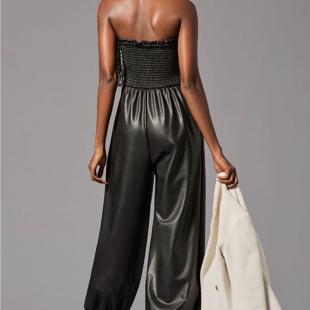 Anthropologie Faux Leather Black Strapless Balloon Jumpsuit - Picture 4 of 7